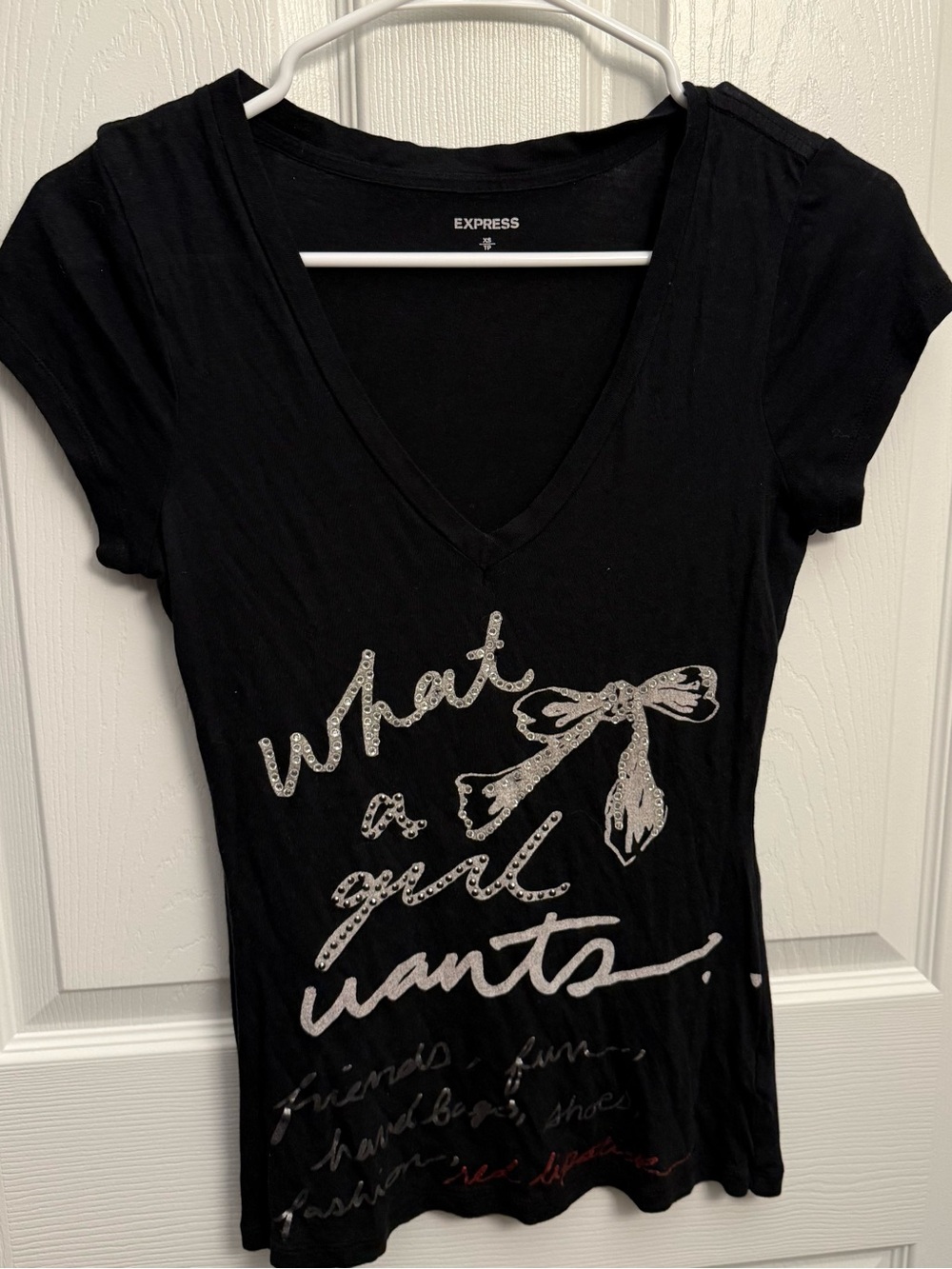 Express Y2K Graphic Rhinestone Baby Tee Black Fitted V Neck XS